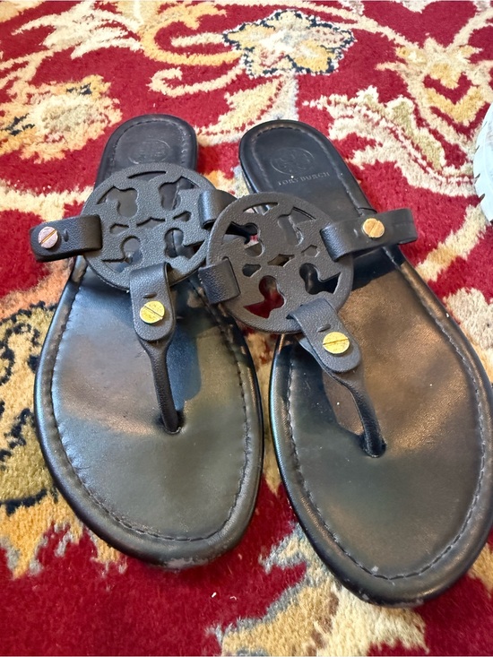Tory Burch Shoes - Tory Burch Black Leather Cutout Logo Thong Sandals with Gold Studs